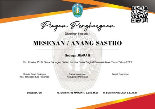 Desain Sertifikat Paringan Juara 2 Provinsi Jatim 2021 - Anang
